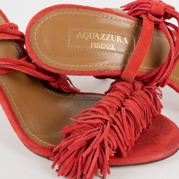 Aquazzura Wild Thing Red Suede Tassel Sandals - Picture 7 of 8